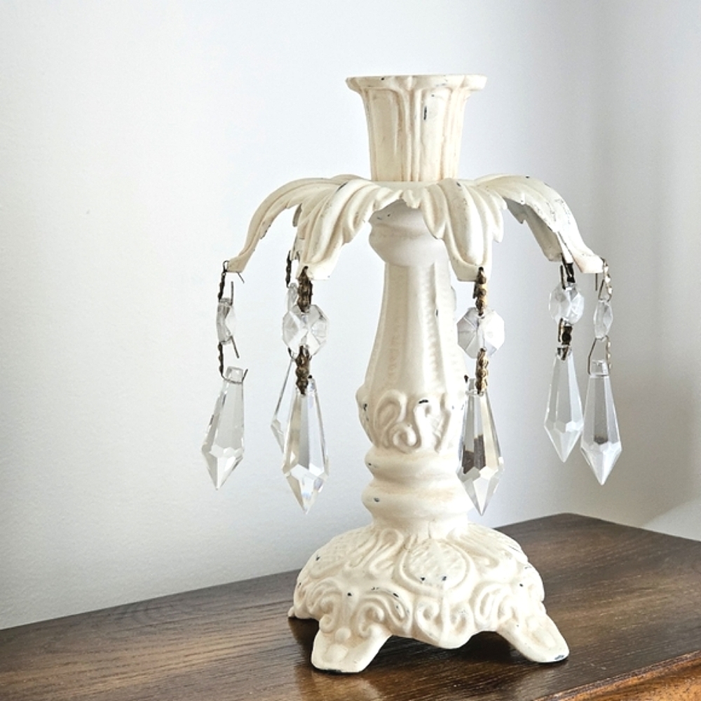 Vintage Ornate White Metal Candlestick Crystal Prisms Hollywood Regency 7"